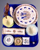 A tray containing assorted ceramics including Royal Doulton horse, Spode Christmas plates,