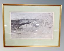 After S. Palmer : Buildings in farmland, colour print, 46cm by 29cm.