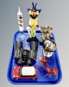 A tray containing Venetian glass clown, Minolta standard EZ 10 x 55 field glasses,