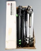 A box containing three camera tripods including a Cullman box together with a Monopod telescopic