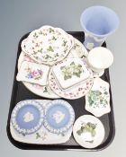 A tray containing assorted ceramics including Wedgwood jasperware,