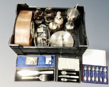 A crate containing antique and later miscellanea including spelter figures, plated wares,