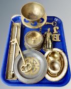 A tray containing antique and later brassware including figural door knocker, oversized key, trivet,