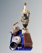 A tray containing a Victorian mahogany satinwood inlaid tea caddy together with a Victorian kettle,