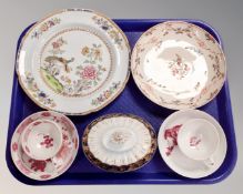 A tray containing antique ceramics including a Georgian porcelain sucrier,