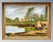 Margaret Pemberton : Figures by a river with castle beyond, oil on canvas, 121cm by 89cm.