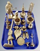 A tray containing assorted brass ware including brass ornaments,