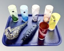 A Murano glass fish ornament together with a glass bird and a set of six Japanese Sanyu coloured