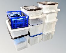 12 assorted lidded storage boxes, tote boxes and folding crates, various sizes.