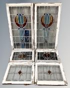 A set of six Victorian framed stained glass windows.