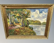 Continental school : Ducks on a lake, oil on canvas, 106cm by 79cm.