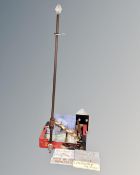 A contemporary curtain pole together with a box containing wooden signs, coathook,