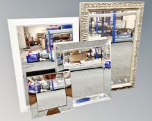Two contemporary framed mirrors together with two further all glass bevel edged mirrors.