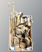 A box containing antique and later metal wares including companion pieces,