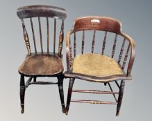 An antique stickback kitchen chair together with a bentwood desk armchair.