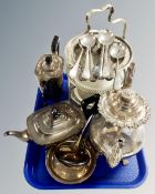 A tray containing antique and later plated wares including tea and coffee pots, ladles,