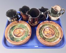 A tray containing Royal Doulton Lambeth Dewars whiskey jug together with a pair of pottery and