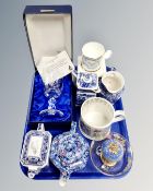 A tray containing assorted ceramics including Ringtons Buckingham Palace mug,