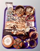 A tray containing trinket boxes, costume jewellery, rosary beads, simulated pearl necklaces,
