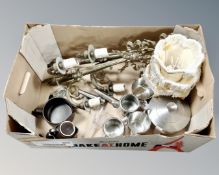 A box containing two gilt metal two way electric wall sconces (AF) with shade,