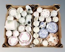 Two boxes containing teaware including willow pattern, Colclough, Woods, Grosvenor silver rose etc.