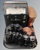 A Marconi moisture meter together with three pairs of field glasses including Tohyoh MG star and