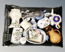 A box of pottery and glassware including Maling, Wedgwood etc.