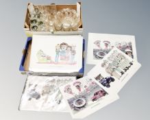 Two boxes containing assorted glassware and Stucartoons caricature prints.