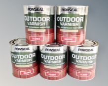Five tins Ronseal outdoor varnish gloss, 750ml.