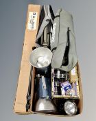 A box containing a pair of Courtenay colour flash lamps, a quantity of camera filters,