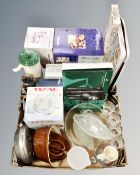 Two boxes containing kitchenalia, Viners cutlery set, mini fridge, pans etc.