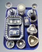 A tray containing 12 pieces of Wedgwood Jasperware.