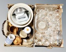 Two boxes containing glassware, assorted kitchenalia, kitchen scales, ironstone blue and white jug.