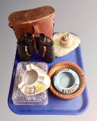 A tray containing ceramic and glass advertising ash trays, Black Label,