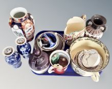 A tray containing assorted ceramics including Chinese vases, Montrose pottery decanter,