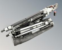A Manfrotto T90 camera tripod with carry strap together with a further Jessups TP323 camera tripod