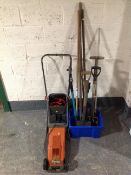 A Flymo electric mower with grass box and lead,