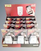 12 Powerpro wifi smart sockets, sealed and new, in cardboard shop display stand.
