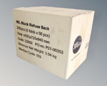 300 90 liter black refuse sacks, boxed.