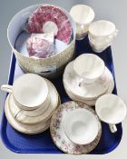 A tray containing teacups and saucers including boxed Wedgwood tea garden cup and saucer,