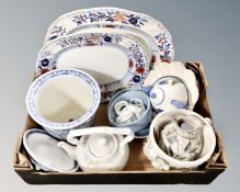 A box containing antique and later ceramics including two 19th century floral pattern graduated