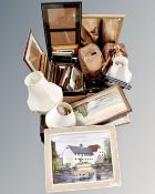 Three boxes containing a pair of Better Dreams footstools, table lamps, angle poise lamps, pictures,