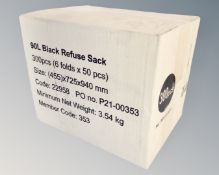 300 90 liter black refuse sacks, boxed.