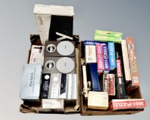 Two boxes containing vintage jigsaws and board games, Philips micro-hifi system, Sky box,