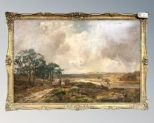 John Falconar Slater (1857 - 1937) : Horses pulling a cart in an open landscape with river and