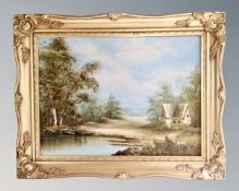 Contemporary school : Cottage by a river, oil on canvas, indistinctly signed, 39cm by 29cm.