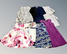 Seven assorted lady's formal dresses and two piece suits including Jacques Vert, Roman, Phase 1 etc.