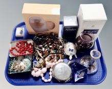 A tray containing costume jewellery, Caithness desk clock, Aynsley china tortoise,