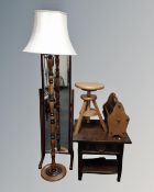 A beech wood standard lamp with shade together with a cheval mirror, a pine adjustable stool,