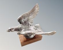 An eagle car mascot, mounted on a wooden plinth.